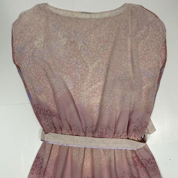 Vtg 80s Unbranded Pink Floral Elastic Waist Sheer Slit Midi Dress Belt Sz M ? - Picture 8 of 9